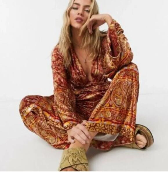 Free People Pants - FREE PEOPLE Harper Printed Velvet Orange Flare Bell Sleeve Jumpsuit Extra Small